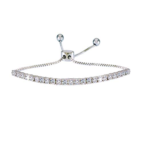 Landau Jewelry Deluxe Womens Tennis Bracelet - Adjustable Pull Chain - Elegant Design - Metallic Finish and Stones - Ideal Bracelets For Women, Round CZ 4 Prongs, One Size