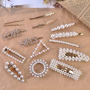 15 PCS Hingwah Pearl Hair Clips Hair Barrettes, Gold Word Letter Jewelry, Rhinestones Crystal Hair Bobby Pins, Fashion Party, Birthday, Wedding Gifts, Bling Geometric Hair Accessories for Women Girls
